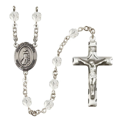 Spanish San Peregrino Engravable Rosary with Pewter Crucifix and Centerpiece, Birthstone 6mm Fire Polished Clear Crystal Beads for April, Bliss Manufacturing