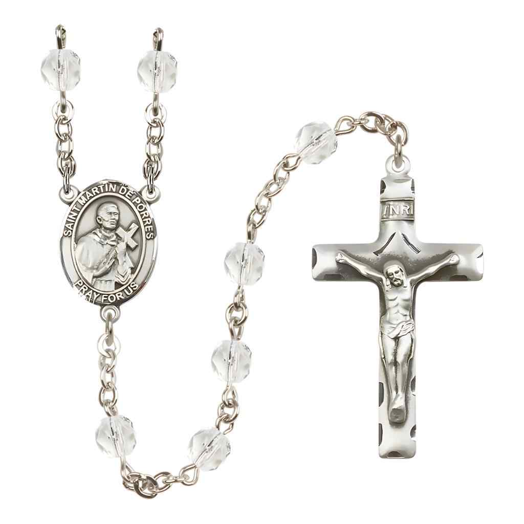 Saint Martin de Porres Silver-plated Rosary with Traditional Pewter Crucifix and Centerpiece, Birthstone 6mm Fire Polished Clear Crystal Beads for April