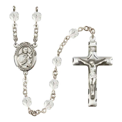 Saint Martin de Porres Silver-plated Rosary with Traditional Pewter Crucifix and Centerpiece, Birthstone 6mm Fire Polished Clear Crystal Beads for April