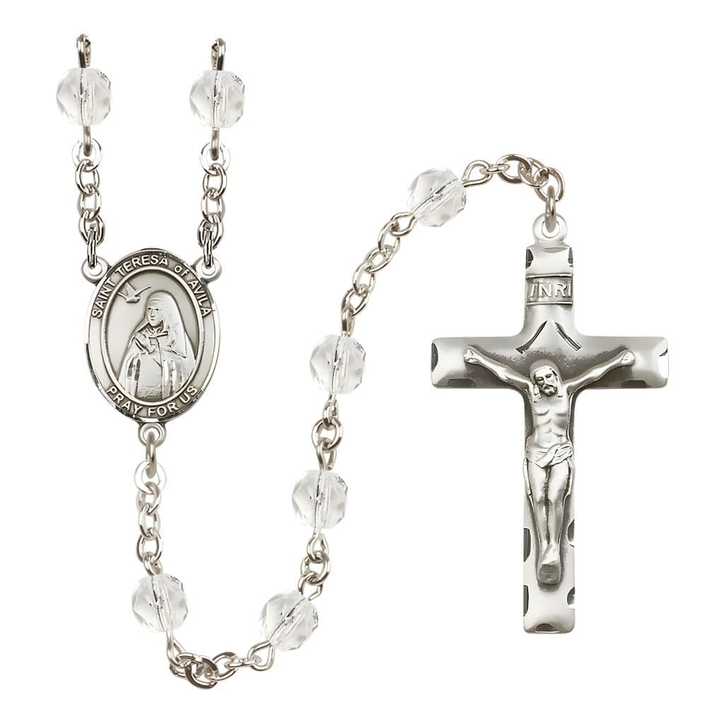 Bliss St. Teresa of Avila Engraved Birthstone 6mm Clear Fire Polished Rosary with Pewter Centerpiece and Crucifix