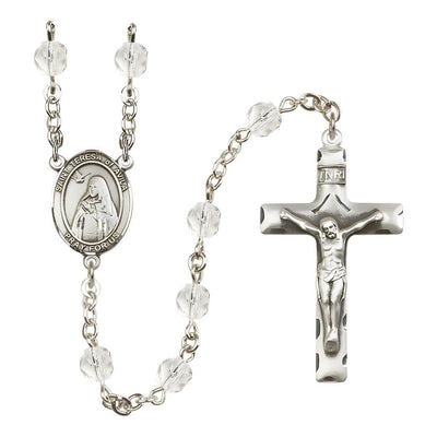 St. Teresa of Avila Engraved Birthstone 6mm Clear Fire Polished Rosary with Pewter Centerpiece and Crucifix in Crystal, Bliss Manufacturing