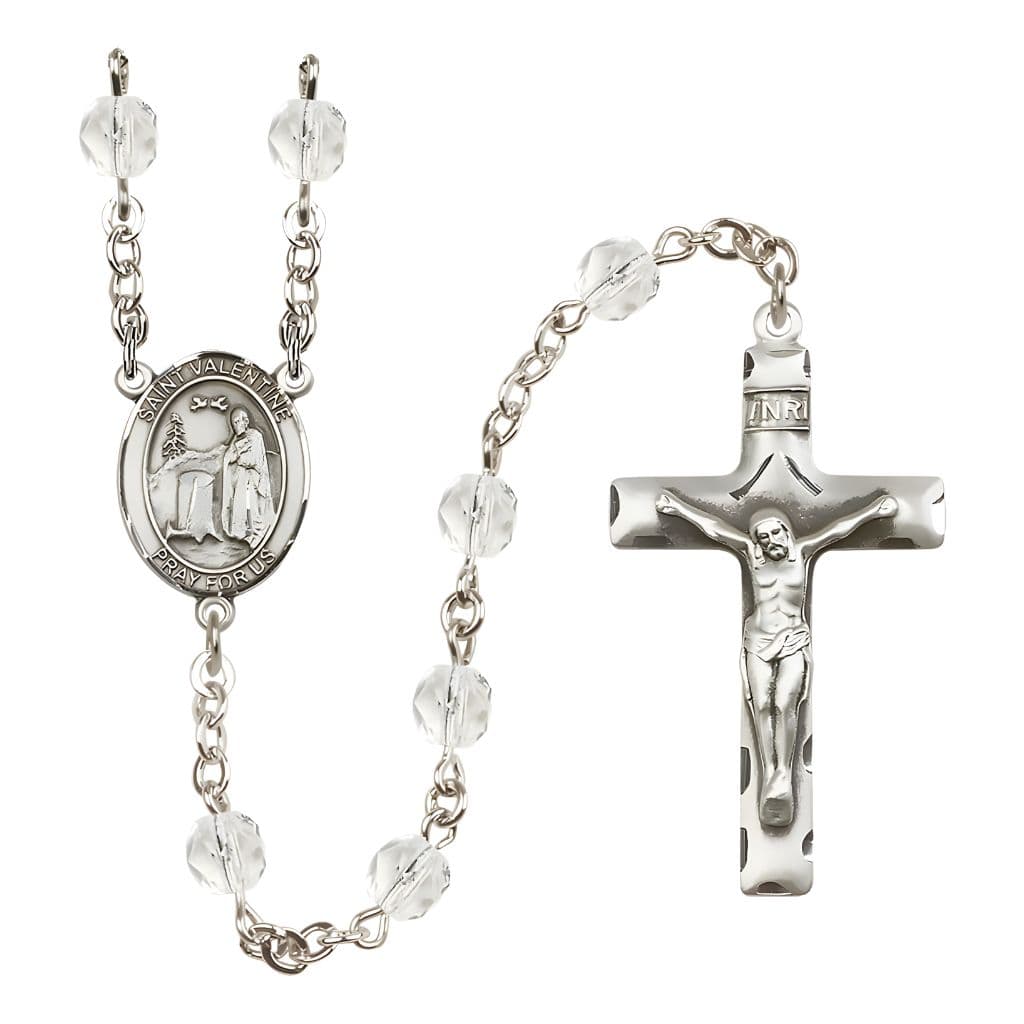 Bliss St. Valentine of Rome Engravable Rosary with Pewter Crucifix and Centerpiece, Birthstone 6mm Fire Polished Clear Crystal Beads for April