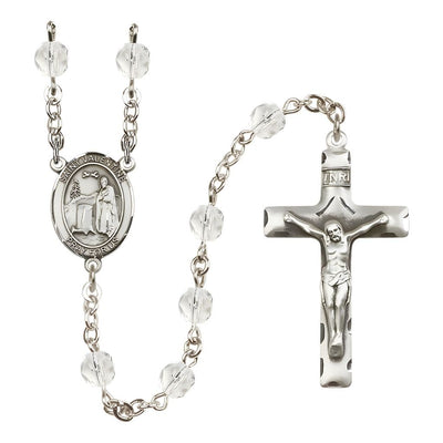 St. Valentine of Rome Engravable Rosary with Pewter Crucifix and Centerpiece, Birthstone 6mm Fire Polished Clear Crystal Beads for April, Bliss Manufacturing