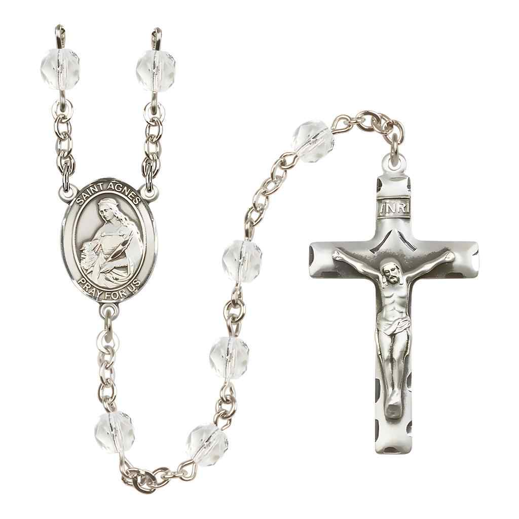 St. Agnes of Rome Silver-plated Rosary with Pewter Crucifix and Centerpiece, Birthstone 6mm Fire Polished Clear Crystal Beads for April