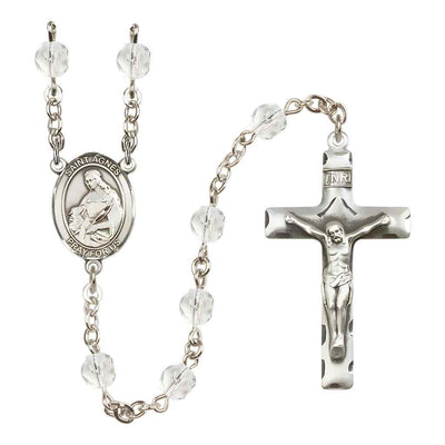 St. Agnes of Rome Silver-plated Rosary with Pewter Crucifix and Centerpiece, Birthstone 6mm Fire Polished Clear Crystal Beads for April