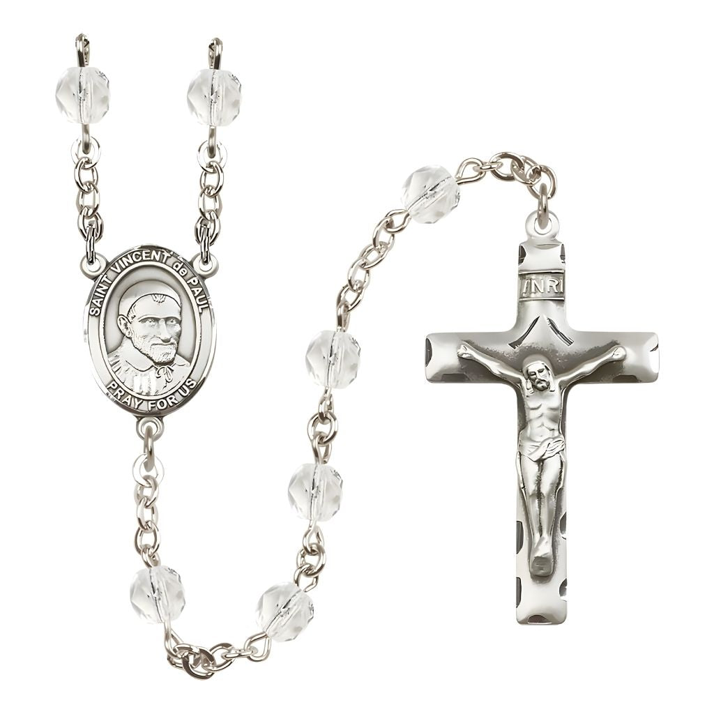Bliss St. Vincent de Paul Engravable Rosary with Pewter Crucifix and Centerpiece, Birthstone 6mm Fire Polished Clear Crystal Beads for April