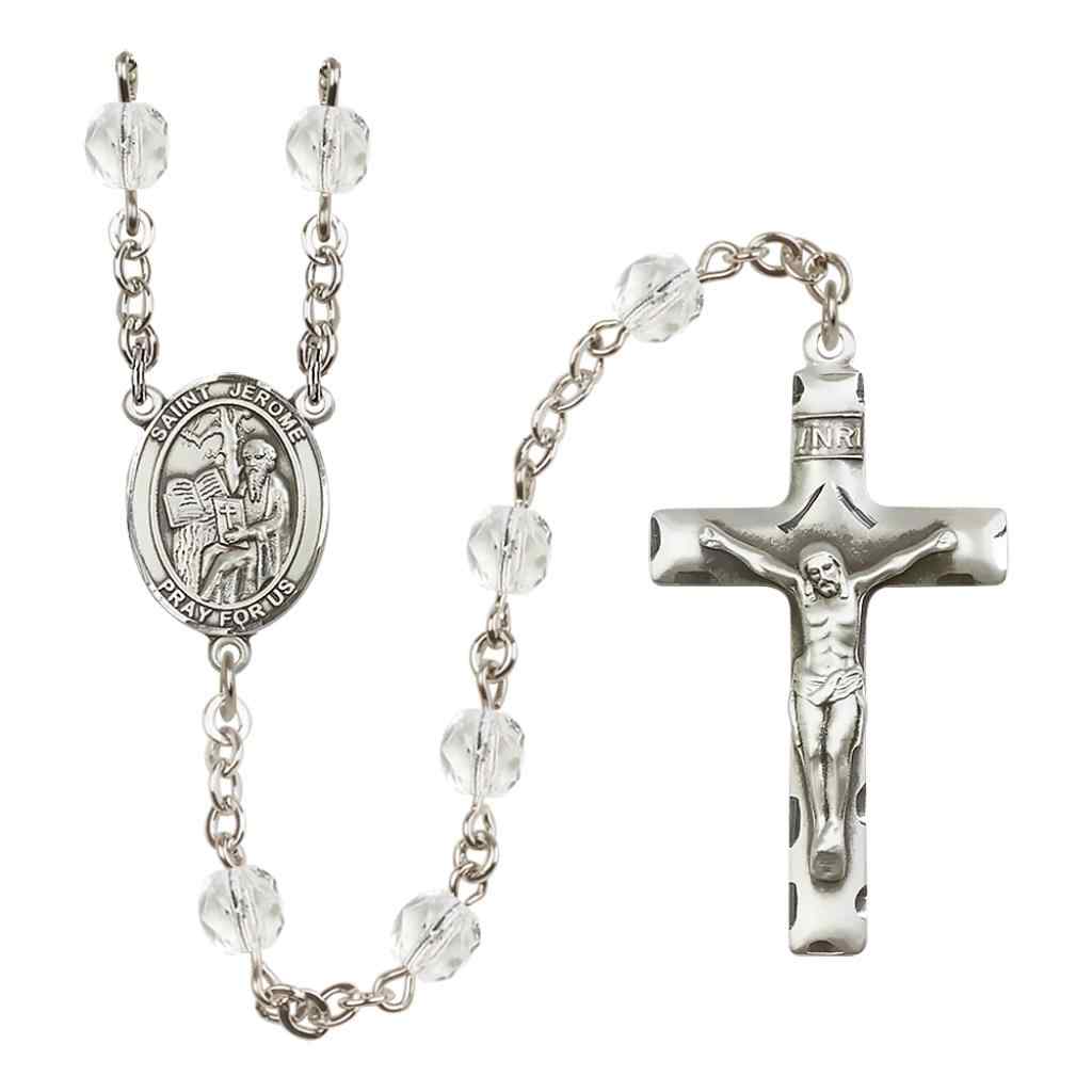 Saint Jerome Silver-plated Rosary with Pewter Crucifix and Centerpiece, Birthstone 6mm Fire Polished Clear Crystal Beads for April