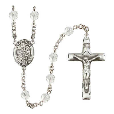Saint Jerome Silver-plated Rosary with Pewter Crucifix and Centerpiece, Birthstone 6mm Fire Polished Clear Crystal Beads for April