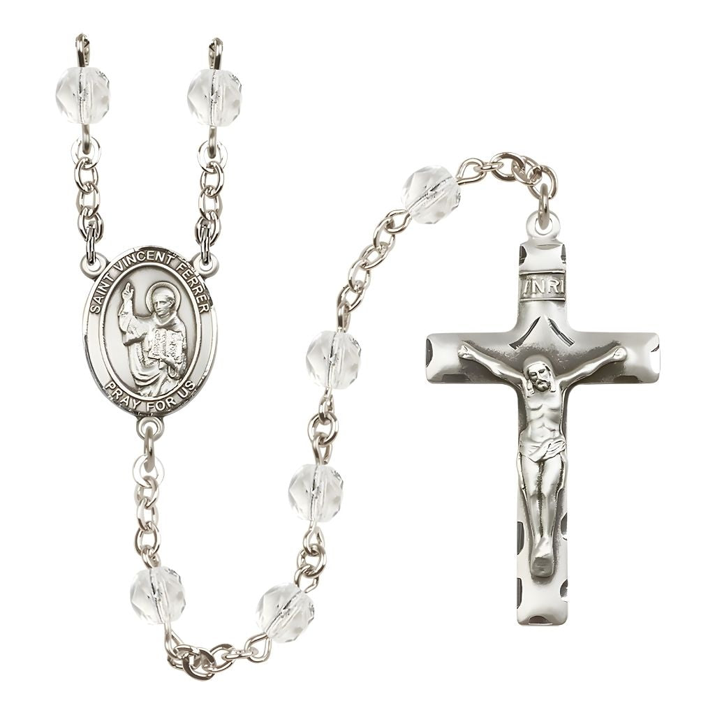 Bliss St. Vincent Ferrer Engravable Rosary with Pewter Crucifix and Centerpiece, Birthstone 6mm Fire Polished Clear Crystal Beads for April
