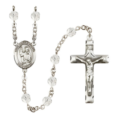St. Vincent Ferrer Engravable Rosary with Pewter Crucifix and Centerpiece, Birthstone 6mm Fire Polished Clear Crystal Beads for April, Bliss Manufacturing