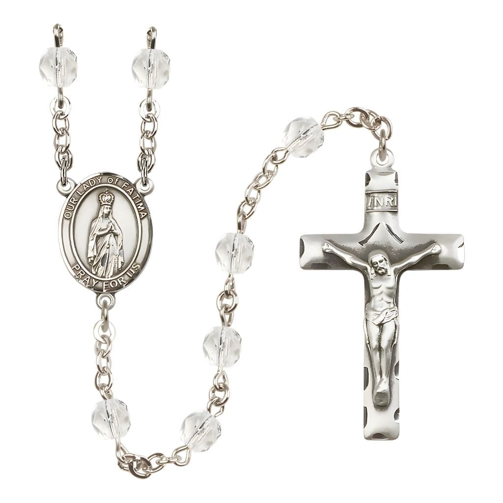 Bliss Our Lady of Fatimas Engravable Rosary with Pewter Crucifix and Centerpiece, Birthstone 6mm Fire Polished Clear Crystal Beads for April