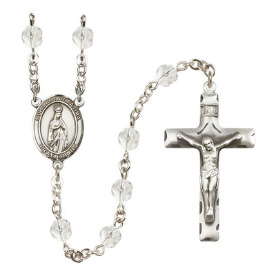 Our Lady of Fatimas Engravable Rosary with Pewter Crucifix and Centerpiece, Birthstone 6mm Fire Polished Clear Crystal Beads for April, Bliss Manufacturing