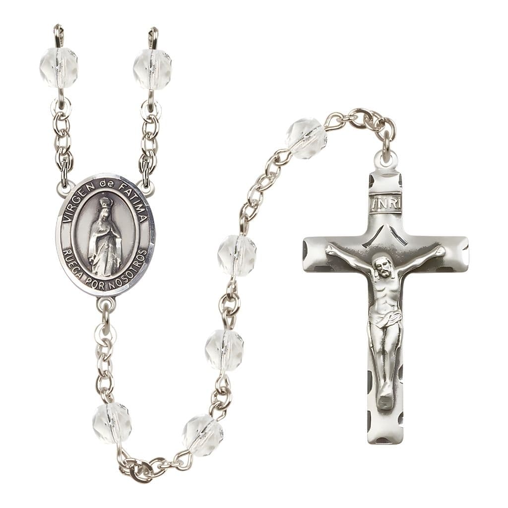 Bliss Spanish Virgen de Fatima Engravable Rosary with Pewter Crucifix and Centerpiece, Birthstone 6mm Fire Polished Clear Crystal Beads for April