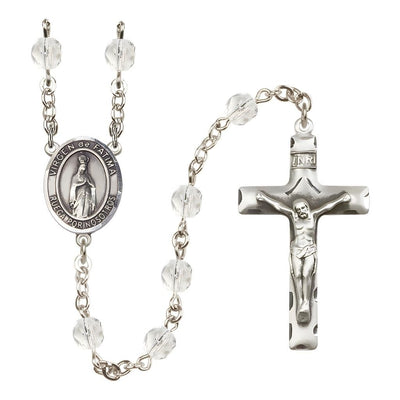Spanish Virgen de Fatima Engravable Rosary with Pewter Crucifix and Centerpiece, Birthstone 6mm Fire Polished Clear Crystal Beads for April, Bliss Manufacturing