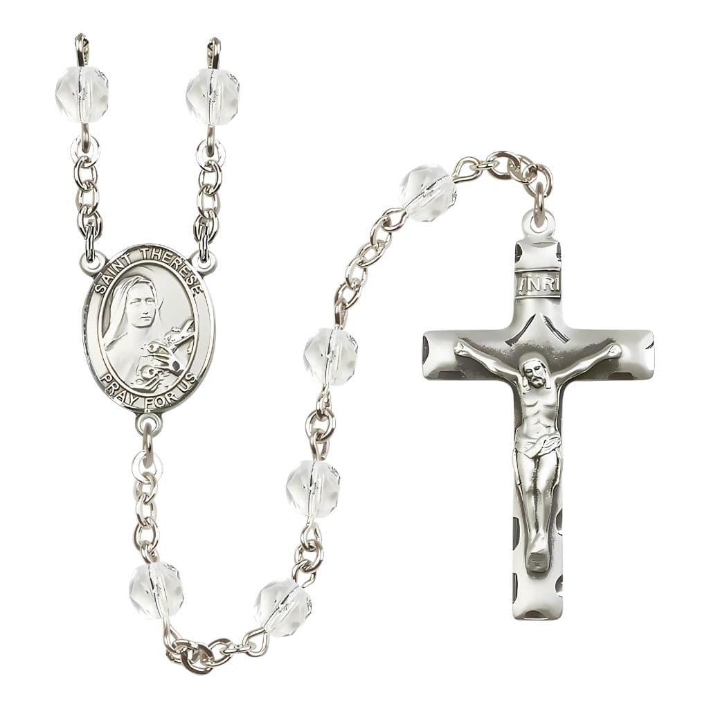 Bliss St. Therese of Lisieux Engraved Birthstone 6mm Clear Fire Polished Rosary with Pewter Crucifix and Centerpiece
