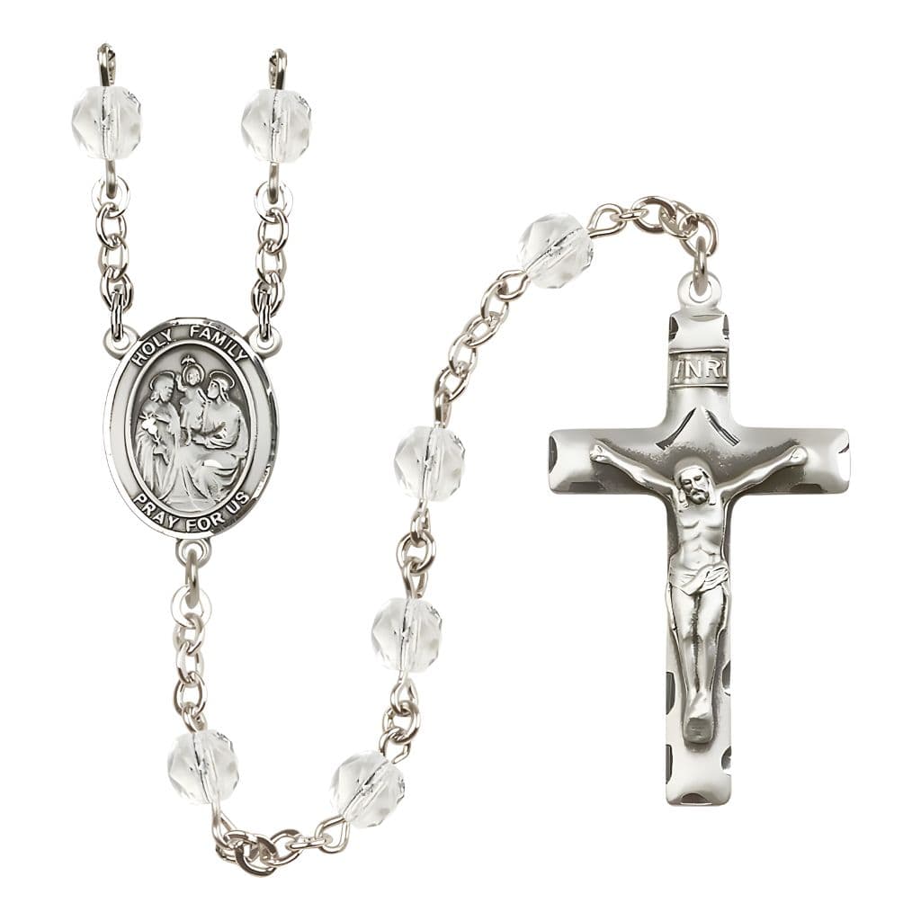 Bliss Holy Family Engravable Rosary with Pewter Crucifix and Centerpiece, Birthstone 6mm Fire Polished Clear Crystal Beads for April