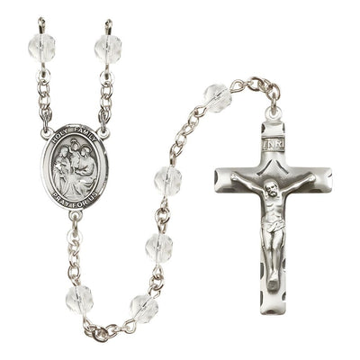 Holy Family Engravable Rosary with Pewter Crucifix and Centerpiece, Birthstone 6mm Fire Polished Clear Crystal Beads for April, Bliss Manufacturing