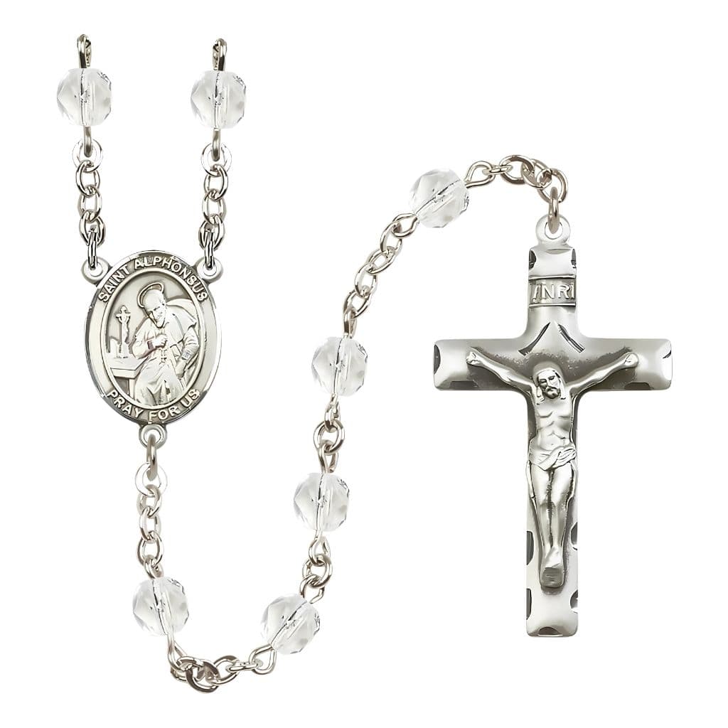 Bliss St. Alphonsus Maria de Liguori April Birthstone 6mm Crystal Fire Polished Rosary with Pewter Centerpiece and Crucifix