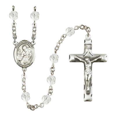 St. Alphonsus Maria de Liguori April Birthstone 6mm Crystal Fire Polished Rosary with Pewter Centerpiece and Crucifix, Bliss Manufacturing