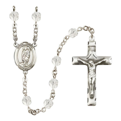 St. Victor of Marseilles Engravable Rosary with Pewter Crucifix and Centerpiece, Birthstone 6mm Fire Polished Clear Crystal Beads for April, Bliss Manufacturing