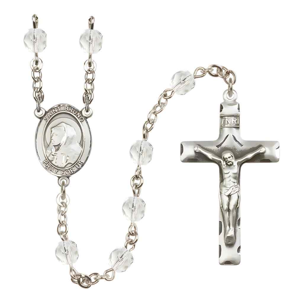 Saint Bruno Silver-plated Rosary with Pewter Crucifix and Centerpiece, Birthstone 6mm Fire Polished Clear Crystal Beads for April