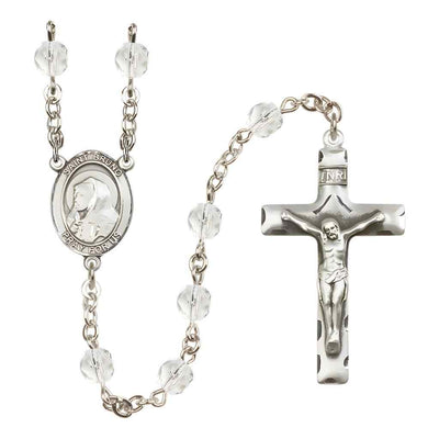 Saint Bruno Silver-plated Rosary with Pewter Crucifix and Centerpiece, Birthstone 6mm Fire Polished Clear Crystal Beads for April