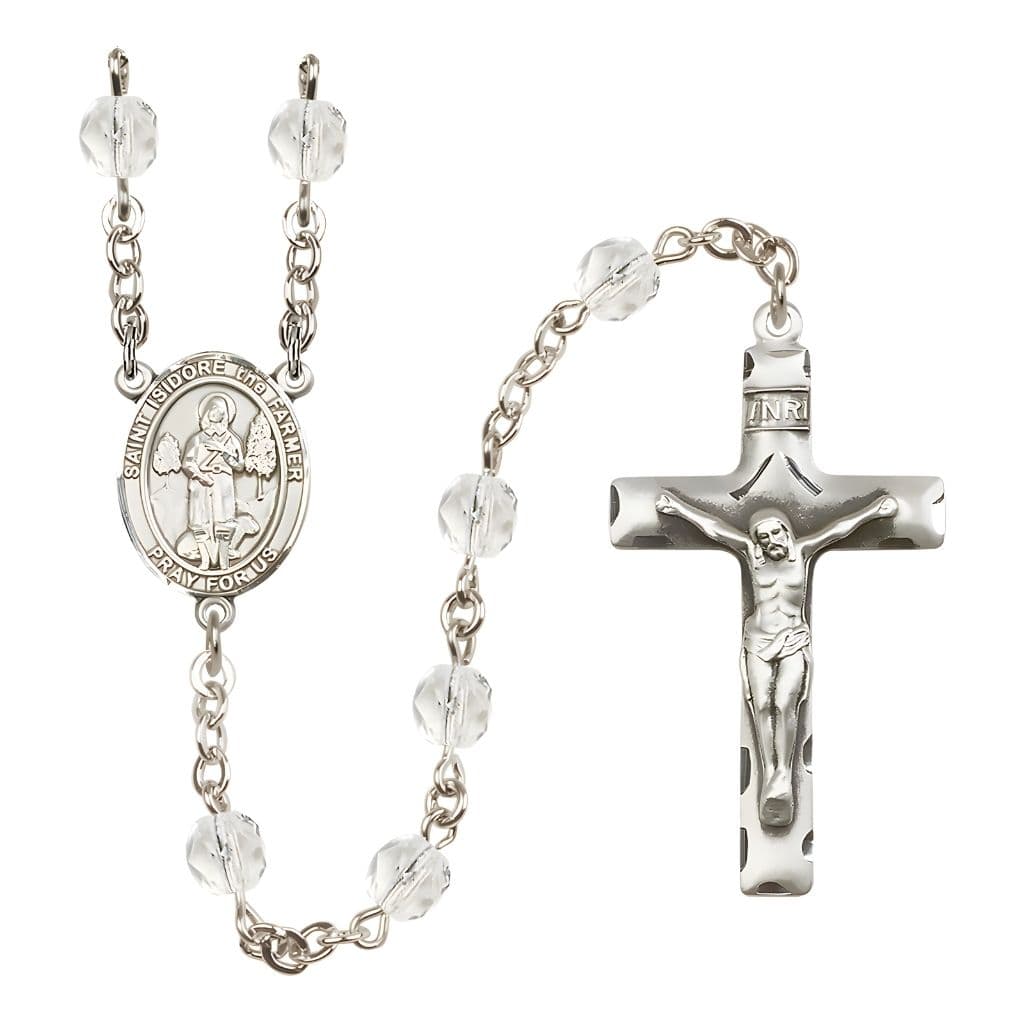 Bliss St. Isidore the Farmer Engravable Rosary with Pewter Crucifix and Centerpiece, Birthstone 6mm Fire Polished Clear Crystal Beads for April