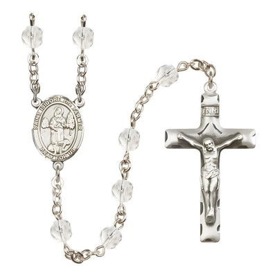 St. Isidore the Farmer Engravable Rosary with Pewter Crucifix and Centerpiece, Birthstone 6mm Fire Polished Clear Crystal Beads for April, Bliss Manufacturing