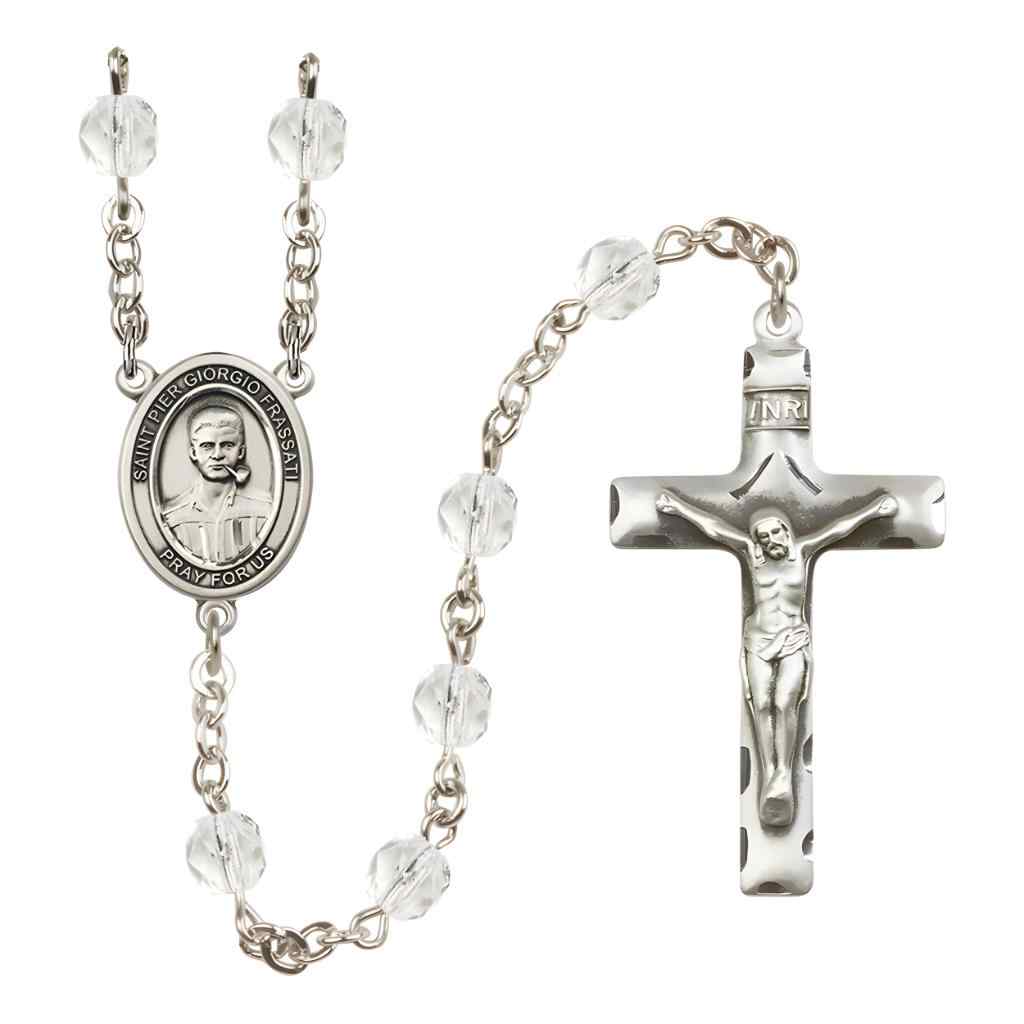 Saint Pier Giorgio Frassati Silver-plated Rosary with Traditional Pewter Crucifix and Centerpiece, Birthstone 6mm Fire Polished Clear Crystal Beads for April