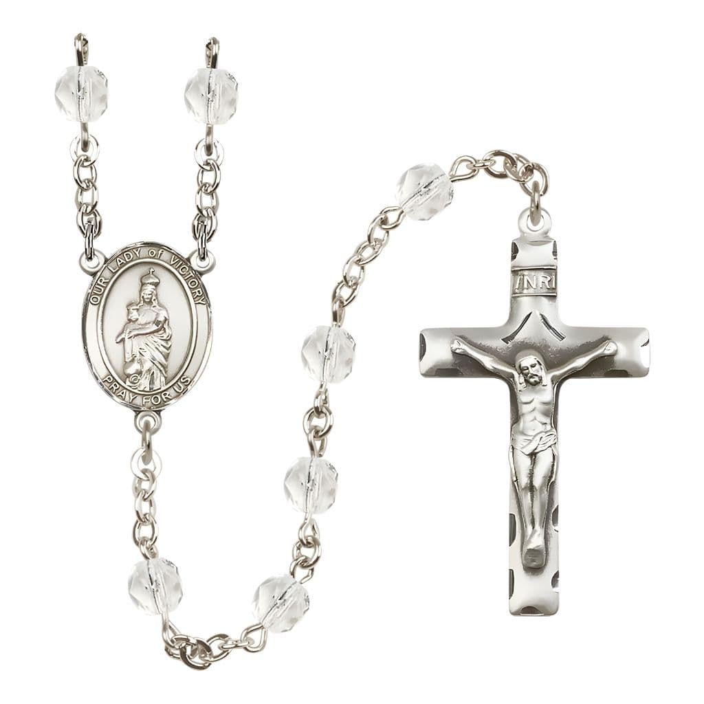 Bliss Catholic Our Lady of Victory Birthstone 6mm Clear Fire Polished Silver-plated Rosary with Pewter Centerpiece and Crucifix