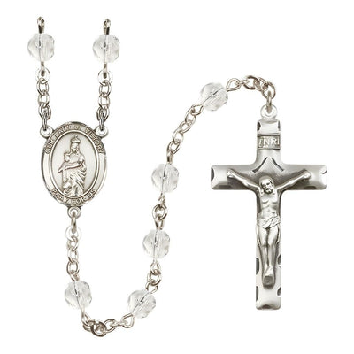 Catholic Our Lady of Victory Birthstone 6mm Clear Fire Polished Silver-plated Rosary with Pewter Centerpiece and Crucifix in Crystal, Bliss Manufacturing