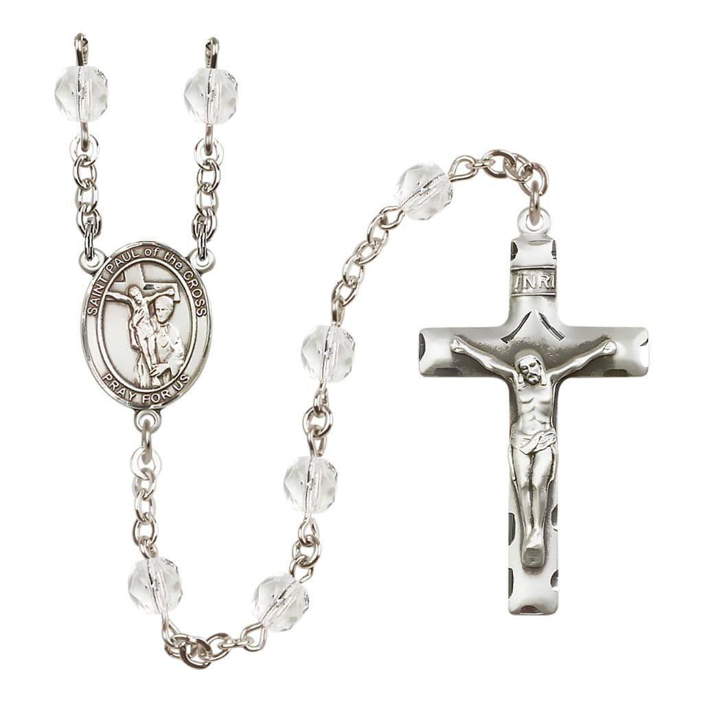 Bliss St. Paul of the Cross Engravable Rosary with Pewter Crucifix and Centerpiece, Birthstone 6mm Fire Polished Clear Crystal Beads for April