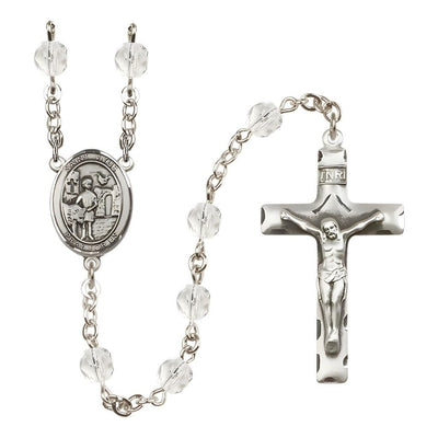 St. Vitus Engravable Rosary with Pewter Crucifix and Centerpiece, Birthstone 6mm Fire Polished Clear Crystal Beads for April, Bliss Manufacturing