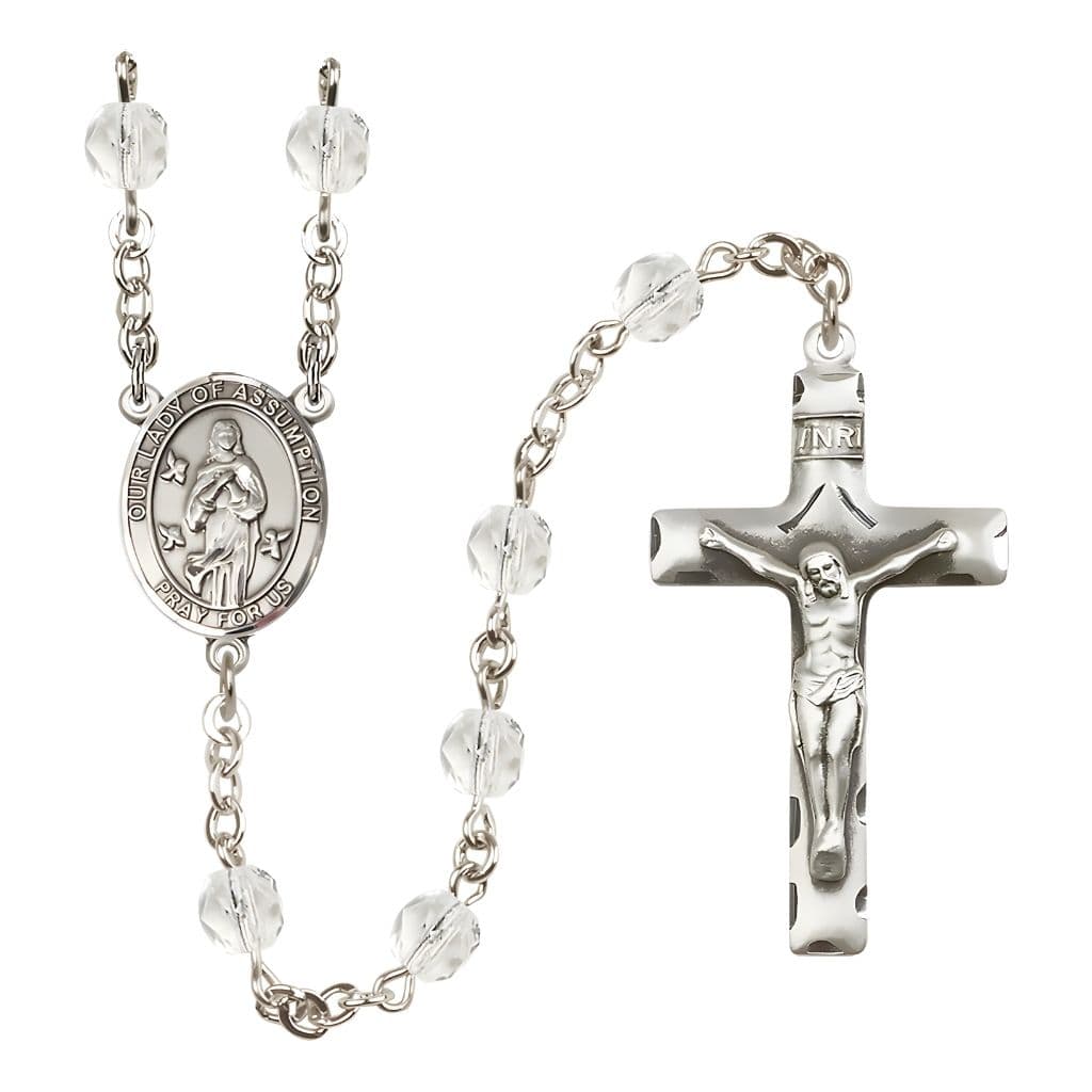Our Lady of Assumption Engraved Birthstone 6mm Clear Fire Polished Silver-plated Rosary with Pewter Centerpiece and Crucifix