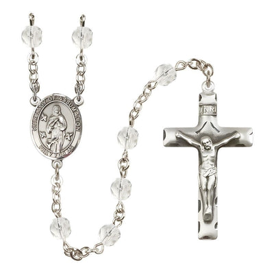 Our Lady of Assumption Engraved Birthstone 6mm Clear Fire Polished Silver-plated Rosary with Pewter Centerpiece and Crucifix in Crystal, Bliss Manufacturing