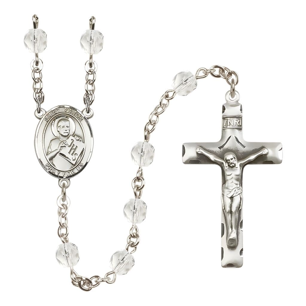 Bliss St. Viator of Bergamo Engravable Rosary with Pewter Crucifix and Centerpiece, Birthstone 6mm Fire Polished Clear Crystal Beads for April