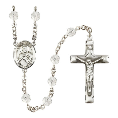 St. Viator of Bergamo Engravable Rosary with Pewter Crucifix and Centerpiece, Birthstone 6mm Fire Polished Clear Crystal Beads for April, Bliss Manufacturing