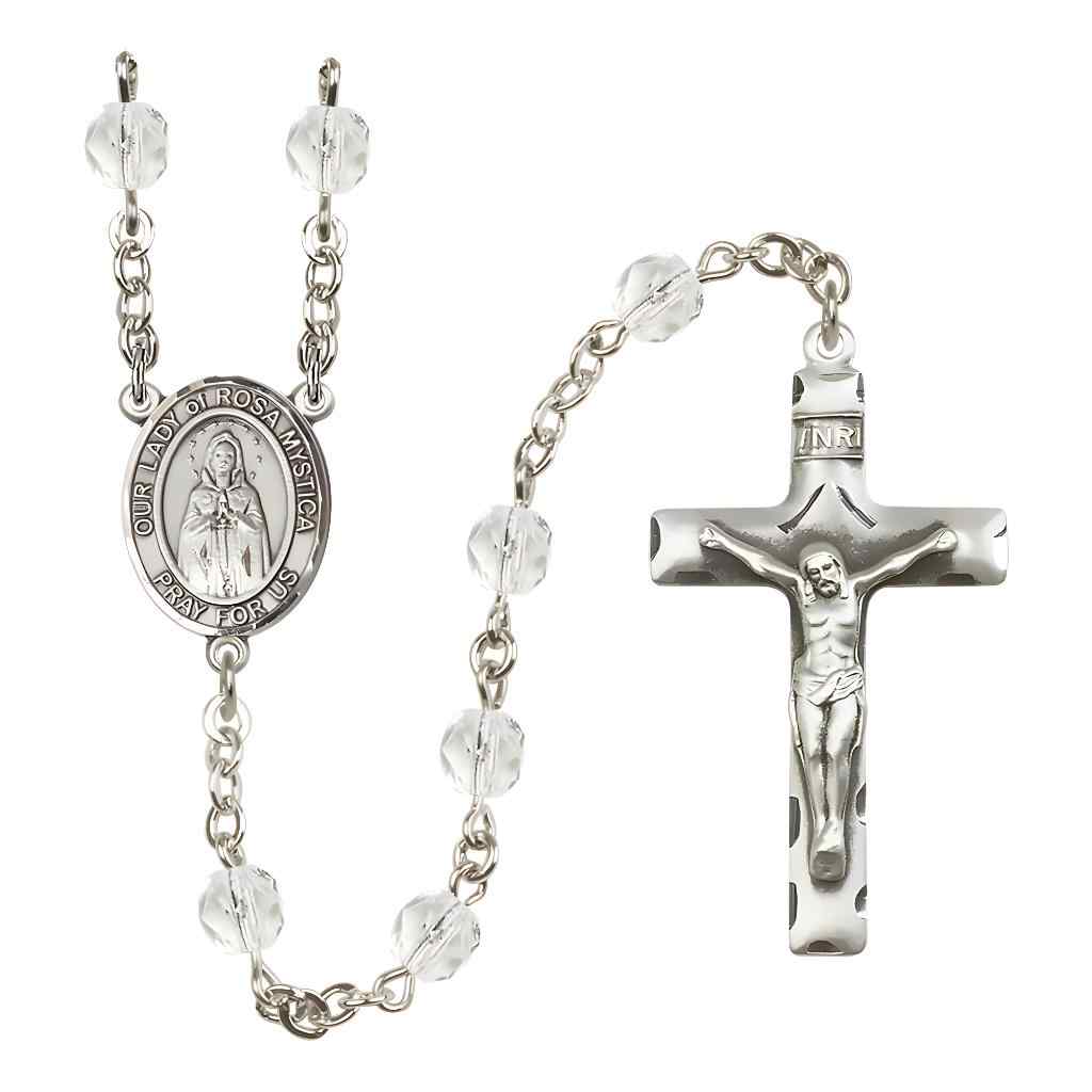 Our Lady of Rosa Mystica Rosary with Pewter Crucifix and Centerpiece, Birthstone 6mm Fire Polished Clear Crystal Beads for April