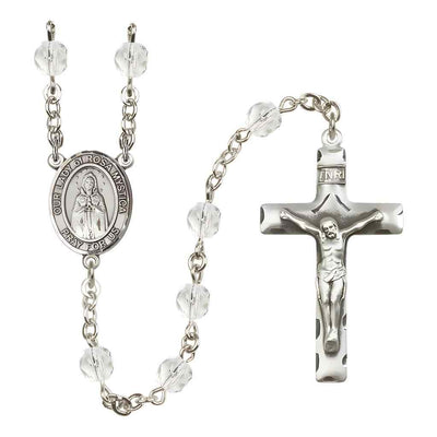 Our Lady of Rosa Mystica Rosary with Pewter Crucifix and Centerpiece, Birthstone 6mm Fire Polished Clear Crystal Beads for April
