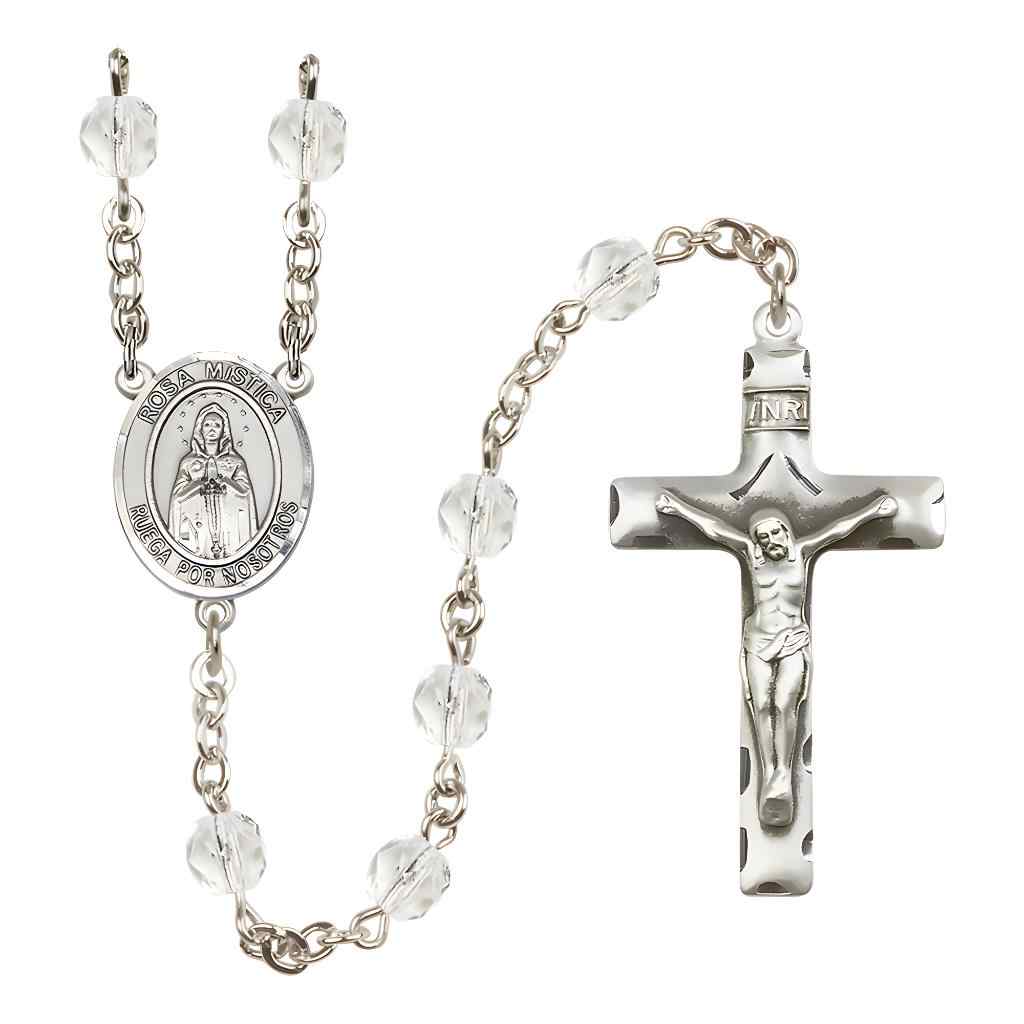 Spanish Rosa Mystica Silver-plated Rosary with Pewter Crucifix and Centerpiece, Birthstone 6mm Fire Polished Clear Crystal Beads for April