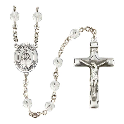 Spanish Rosa Mystica Silver-plated Rosary with Pewter Crucifix and Centerpiece, Birthstone 6mm Fire Polished Clear Crystal Beads for April
