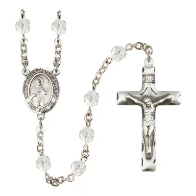 Saint Anthony Mary Claret Silver-plated Rosary with Pewter Crucifix and Centerpiece, Birthstone 6mm Fire Polished Clear Crystal Beads for April