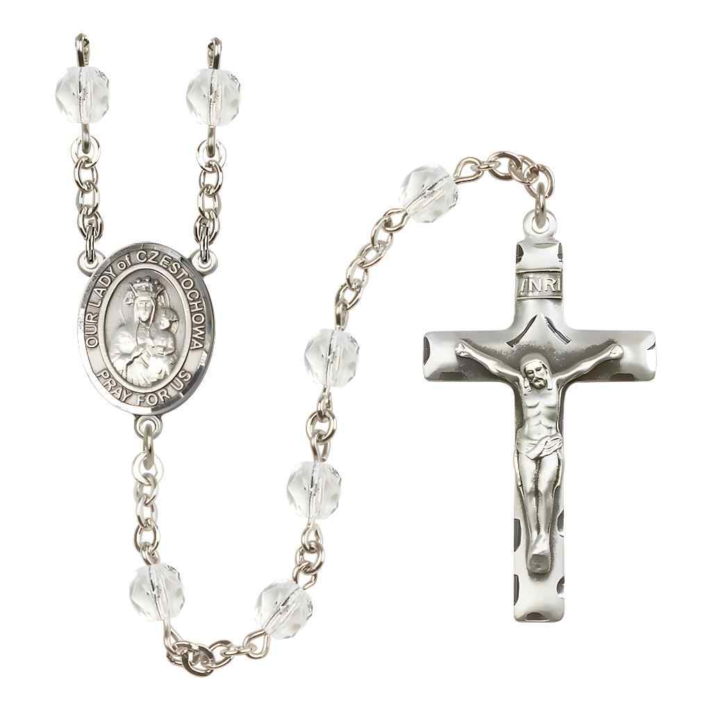 Our Lady of Czestochowa Silver-plated Rosary with Pewter Crucifix and Centerpiece, Birthstone 6mm Fire Polished Clear Crystal Beads for April