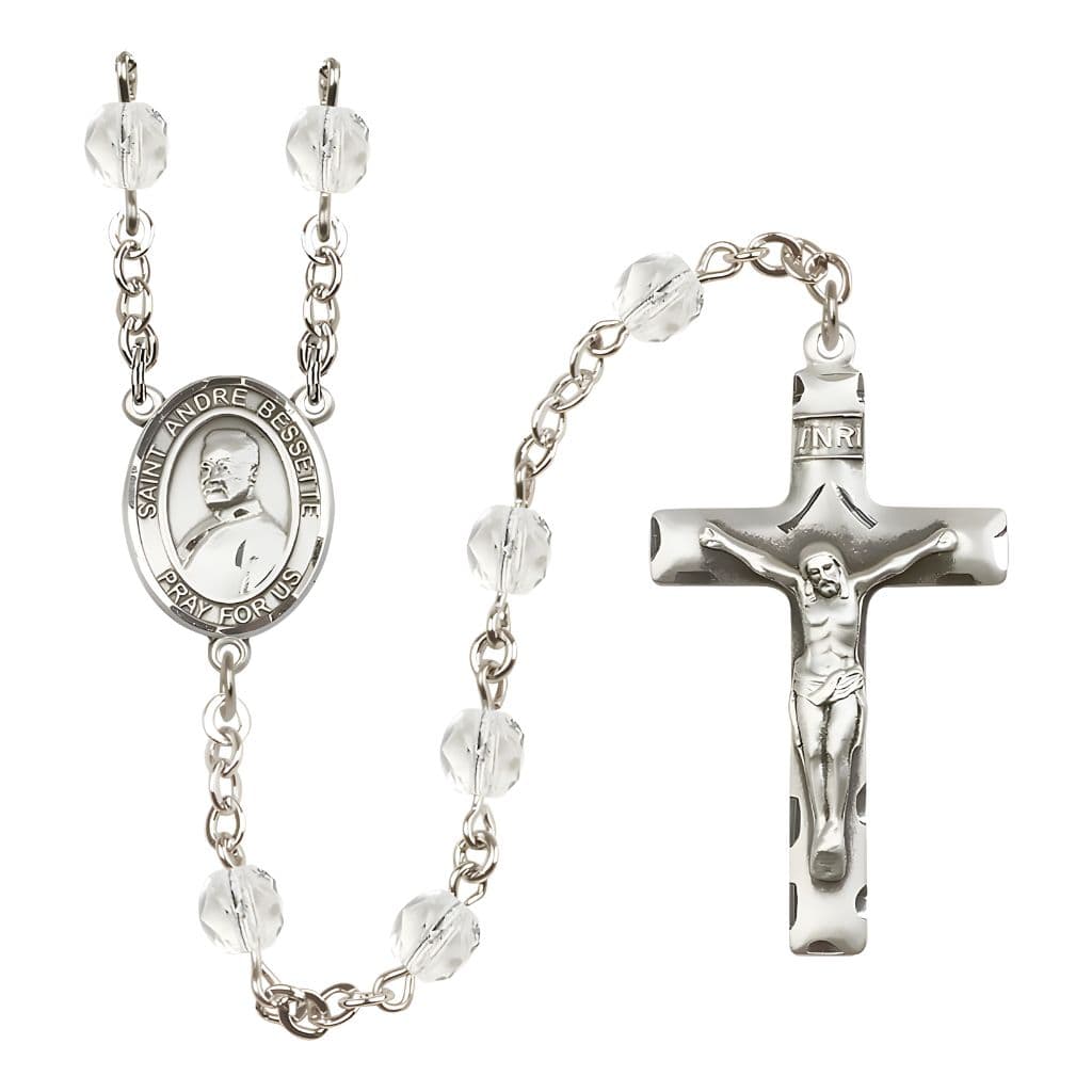 Bliss St. Andre Bessette Engravable Rosary with Pewter Crucifix and Centerpiece, Birthstone 6mm Fire Polished Clear Crystal Beads for April
