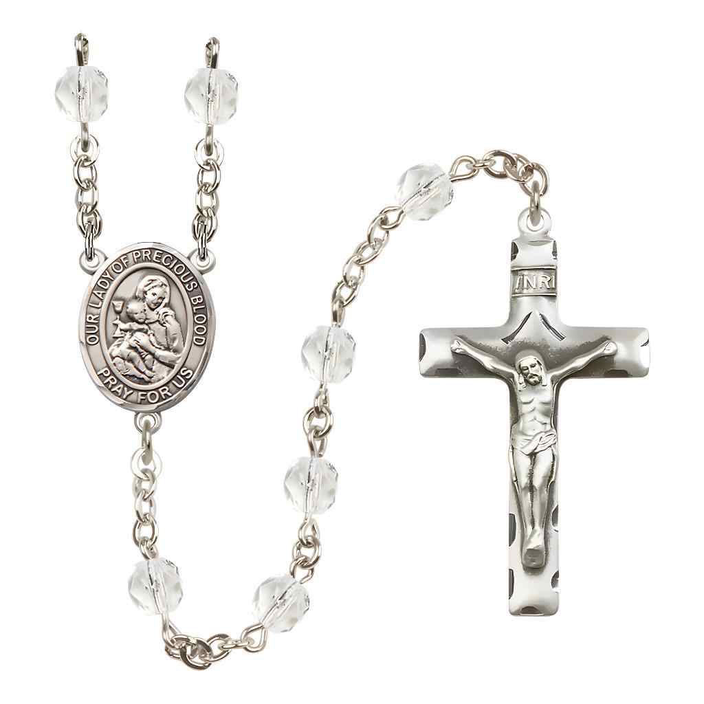 Our Lady of the Precious Blood Rosary with Pewter Traditional Crucifix and Oval Centerpiece, Birthstone 6mm Fire Polished Clear Crystal Beads for April