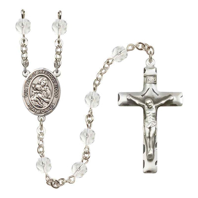 Our Lady of the Precious Blood Rosary with Pewter Traditional Crucifix and Oval Centerpiece, Birthstone 6mm Fire Polished Clear Crystal Beads for April