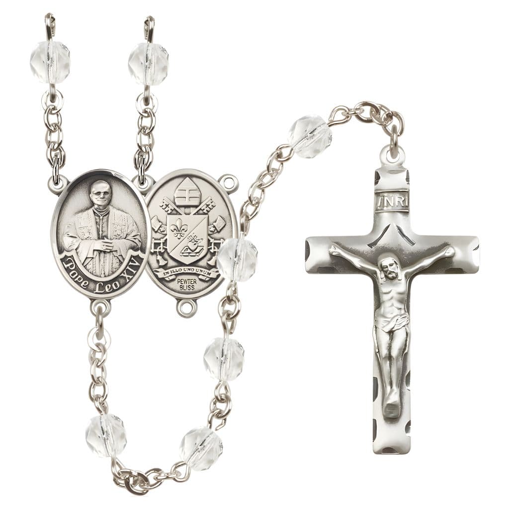 Bliss Pope Leo XIV Birthstone Engravable Rosary with Pewter Center and Crucifix, 6mm Fire Polished Beads in Clear for April