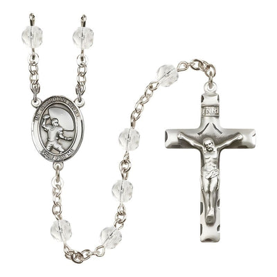 Guardian Angel Football Engravable Rosary with Pewter Crucifix and Centerpiece, Birthstone 6mm Fire Polished Clear Crystal Beads for April, Bliss Manufacturing