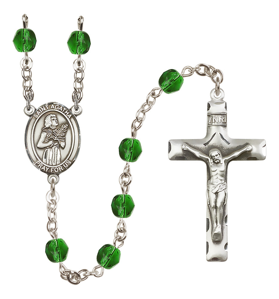 Bliss Silver Plated 6mm Fire Polished Saint Agatha Rosary in Emerald,