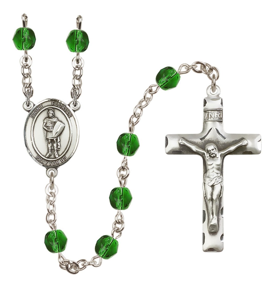 Bliss Oval St Florian Center Silver-Plated Crystal Birthstone Rosary in Emerald March Birthstone,